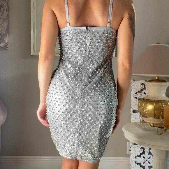 New Lascana Sparkly Glitter Embellished Beaded Sparkle Silver Bodycon Mini Dress - Picture 6 of 6